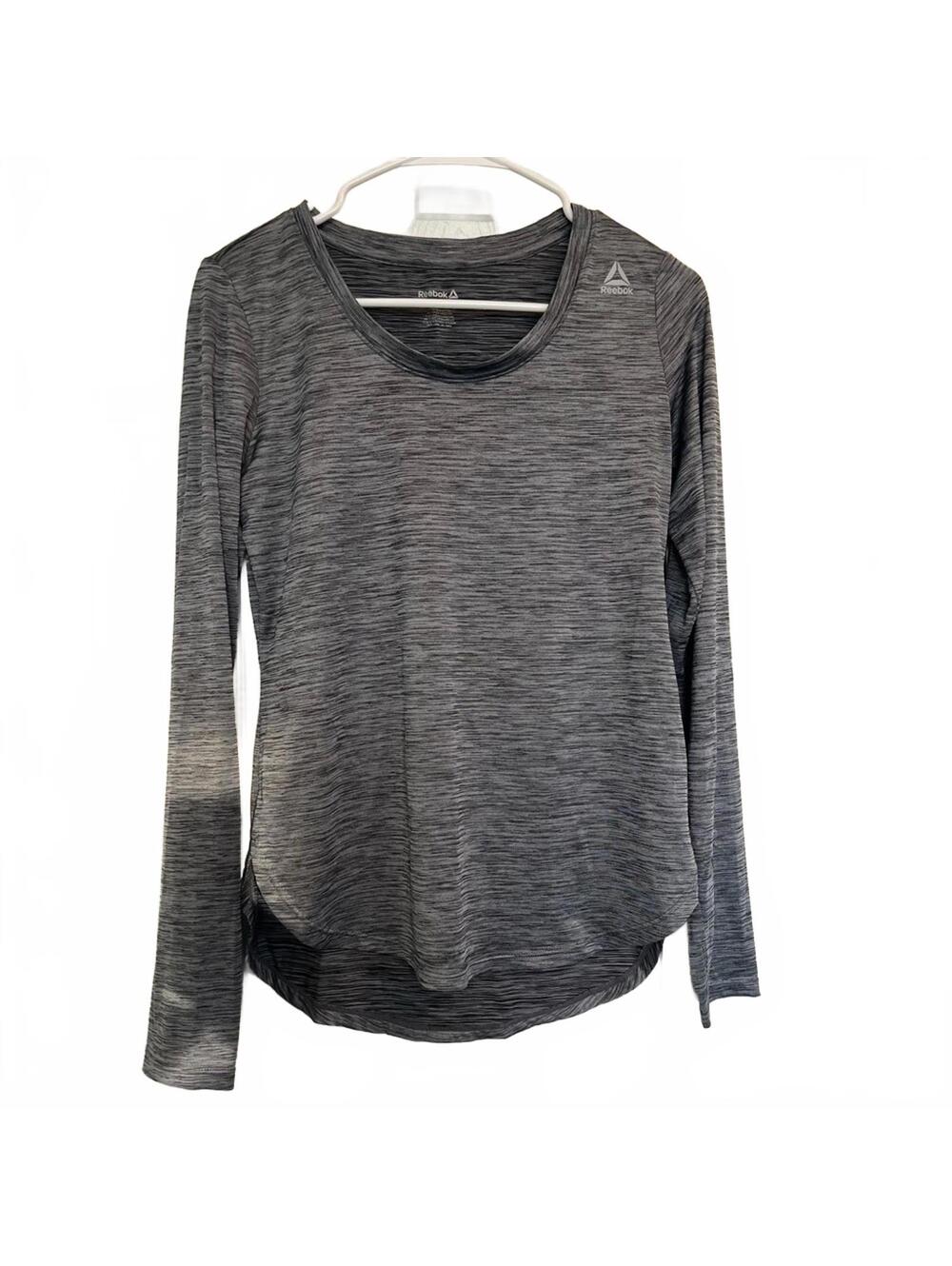 Reebok Women’s Heathered Black Long Sleeve Tee Athletic Crewneck Activewear Top